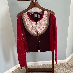 Anthropologie Red Color Blocked Cardigan with Textured Knit